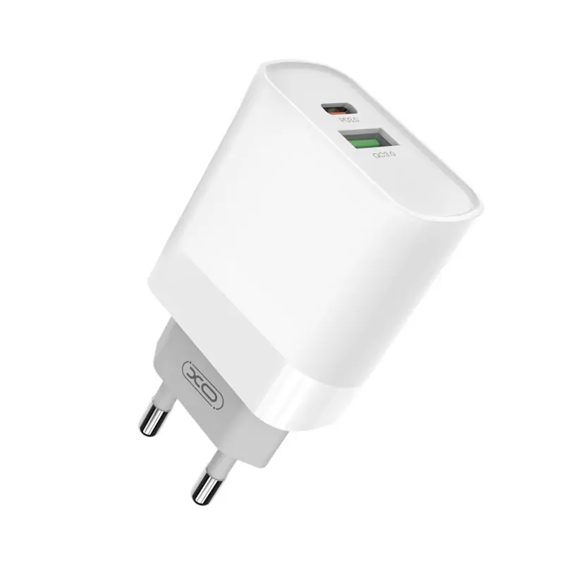 Szybka ładowarka dwa porty USB + USB-C PD 3A 20W, biała