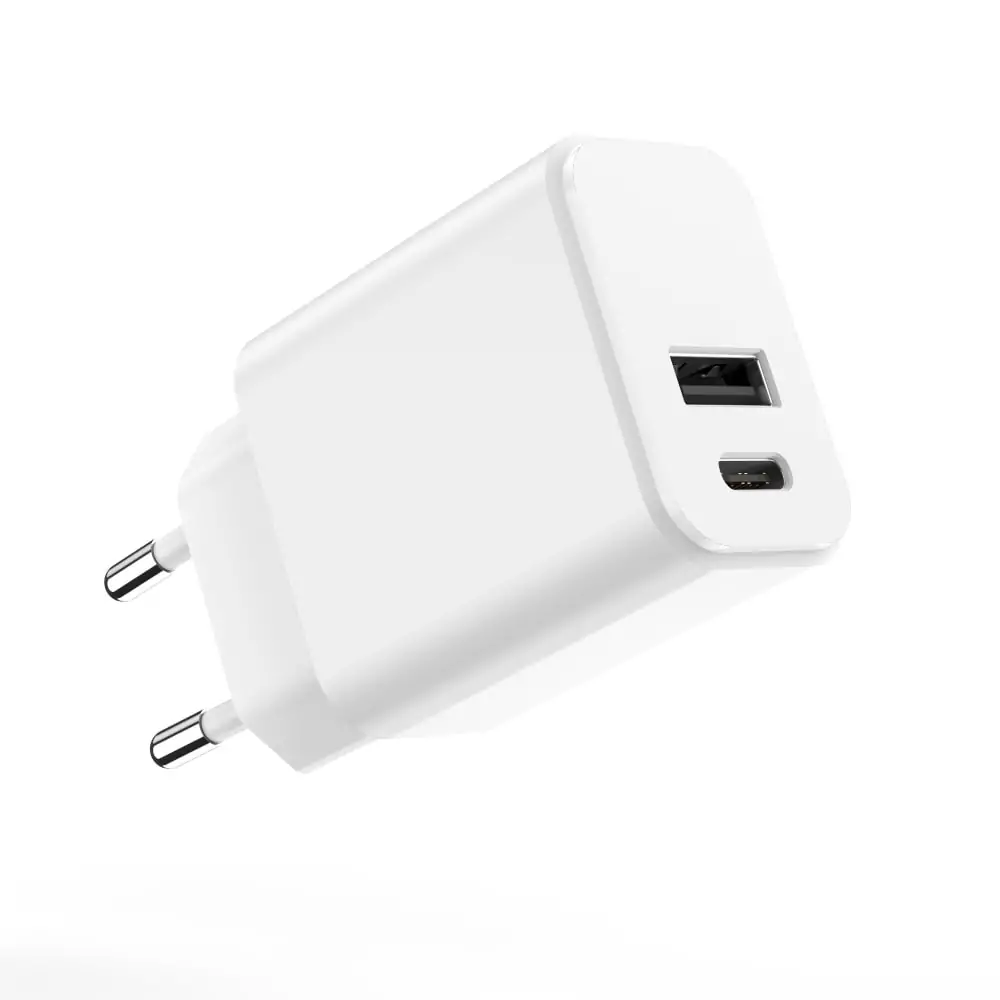 Szybka ładowarka dwa porty USB + USB-C PD 3A 20W, biała