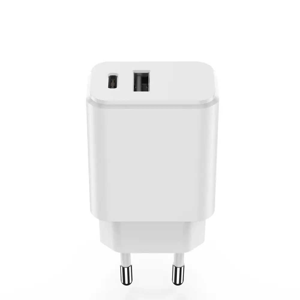 Szybka ładowarka dwa porty USB + USB-C PD 3A 20W, biała