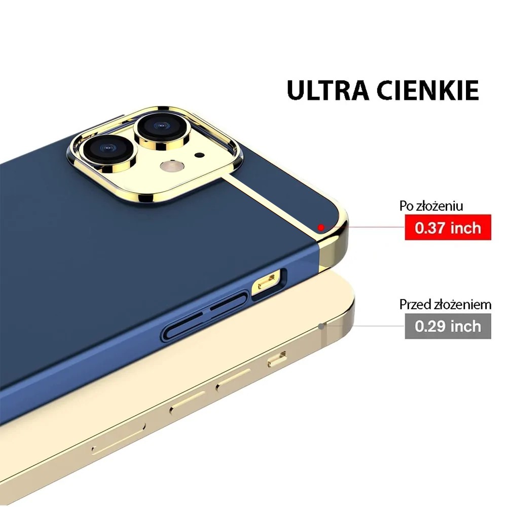 Etui do iPhone 12 eleganckie cienkie ze zdobieniami i widocznym logo, niebieskie