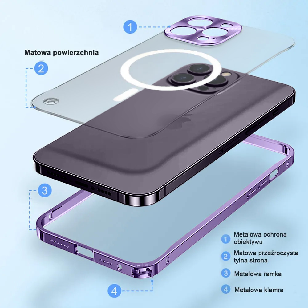 Etui do iPhone 14 Pro Magsafe Armor, metalowa ramka, twarde aluminium, purpurowe