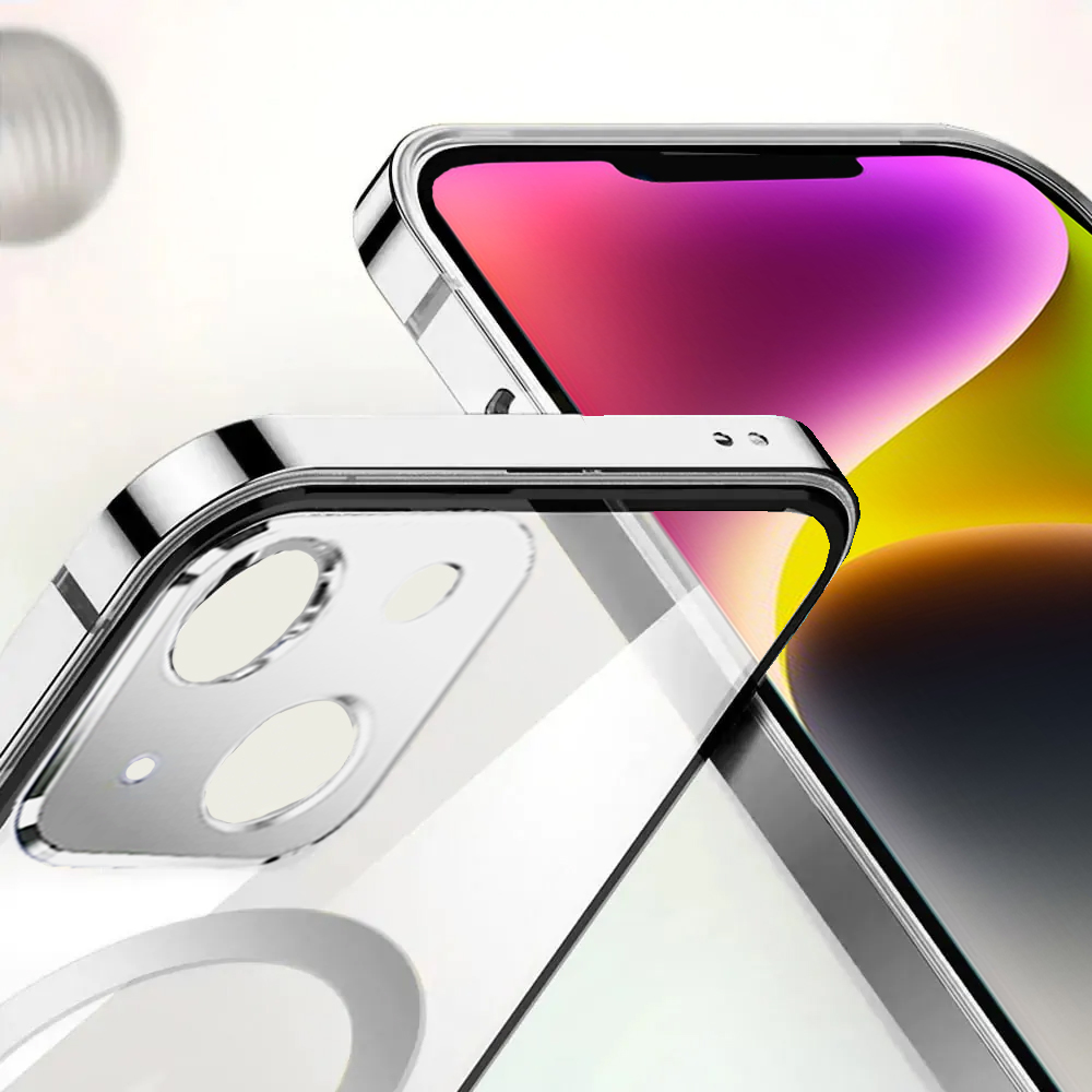 Etui do iPhone 14 Ibizu Elite Skin, krystalicznie czyste z metalową ramką, srebrne z MagSafe