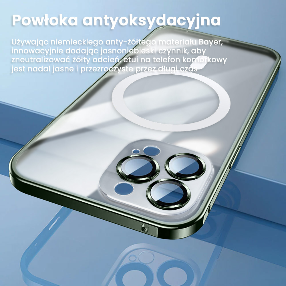 Etui do iPhone 13 Pro Max MagSafe Metalic Green Frame Oryginal matowe, ochrona aparatu, zielona ramka