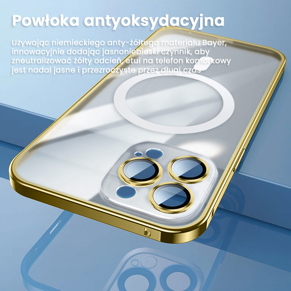 Etui do iPhone 14 Pro Max Magsafe Metalic Gold Frame Oryginal matowe, ochrona aparatu, złota ramka