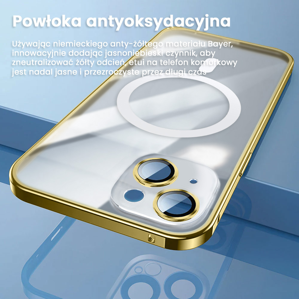 Etui do iPhone 14 MagSafe Metalic Gold Frame Oryginal matowe, ochrona aparatu, złota ramka