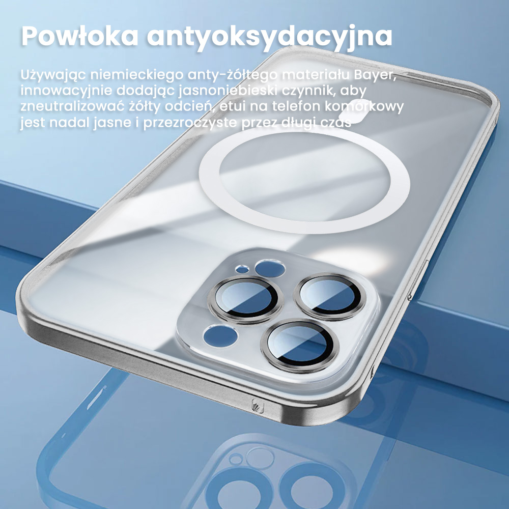 Etui do iPhone 14 Pro Max Magsafe Metalic Silver Frame Oryginal matowe, ochrona aparatu, srebrna ramka