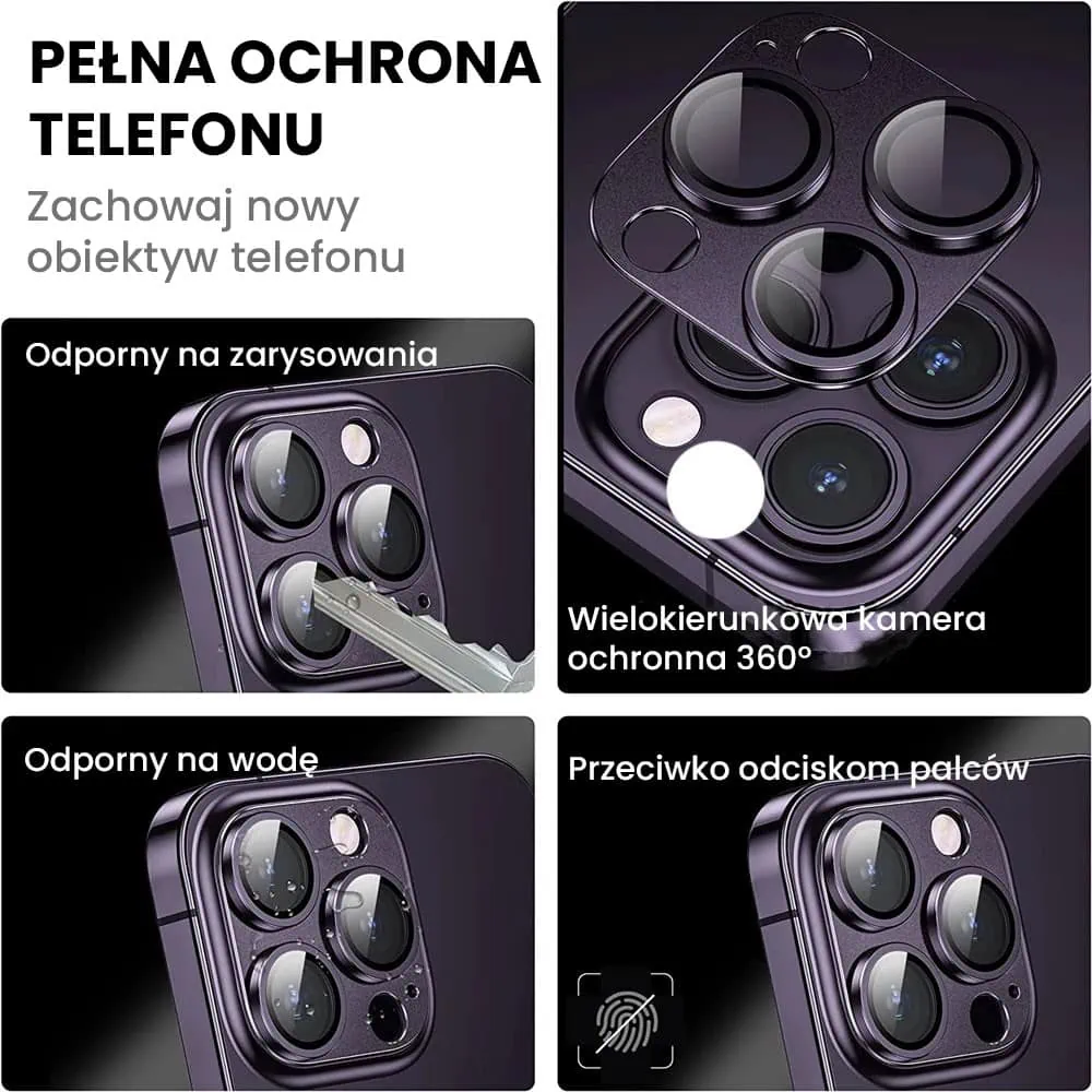 iPhone 14 Pro gładka metalowa osłona na cały aparat, wbudowane szkła 9H, purpurowa, fioletowa