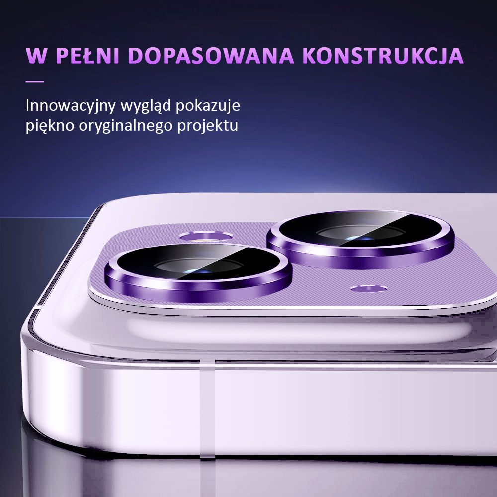 iPhone 14 metalowa osłona na cały aparat, wbudowane szkła 9H, fioletowa