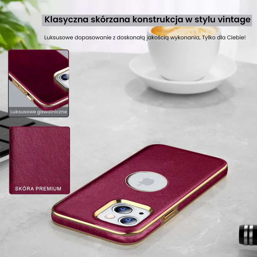 Etui do iPhone 14 Slim Leather Protect z widocznym logo, rdzawa purpura