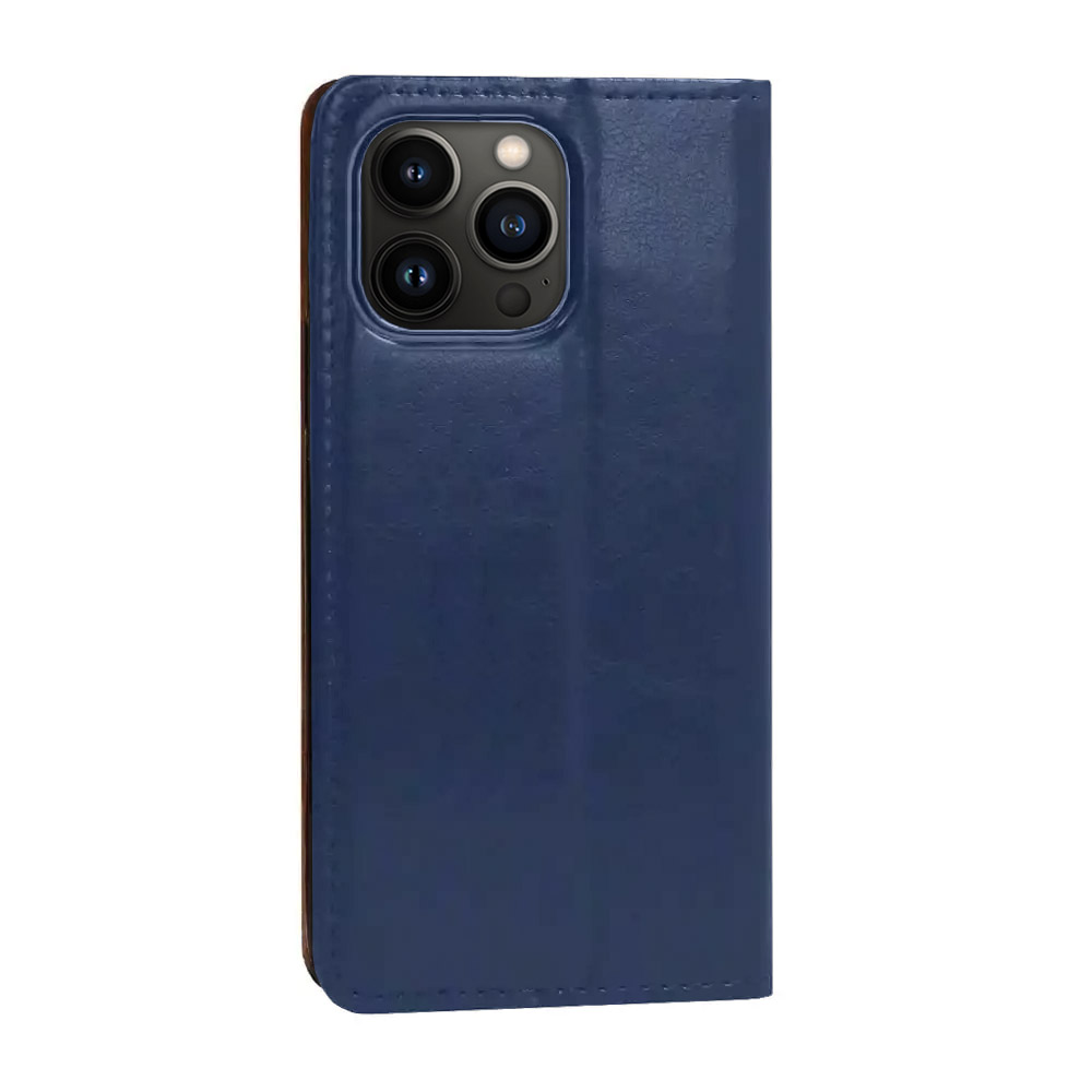 Etui do iPhone 14 Pro Max zamykane, eleganckie granatowe skórzane