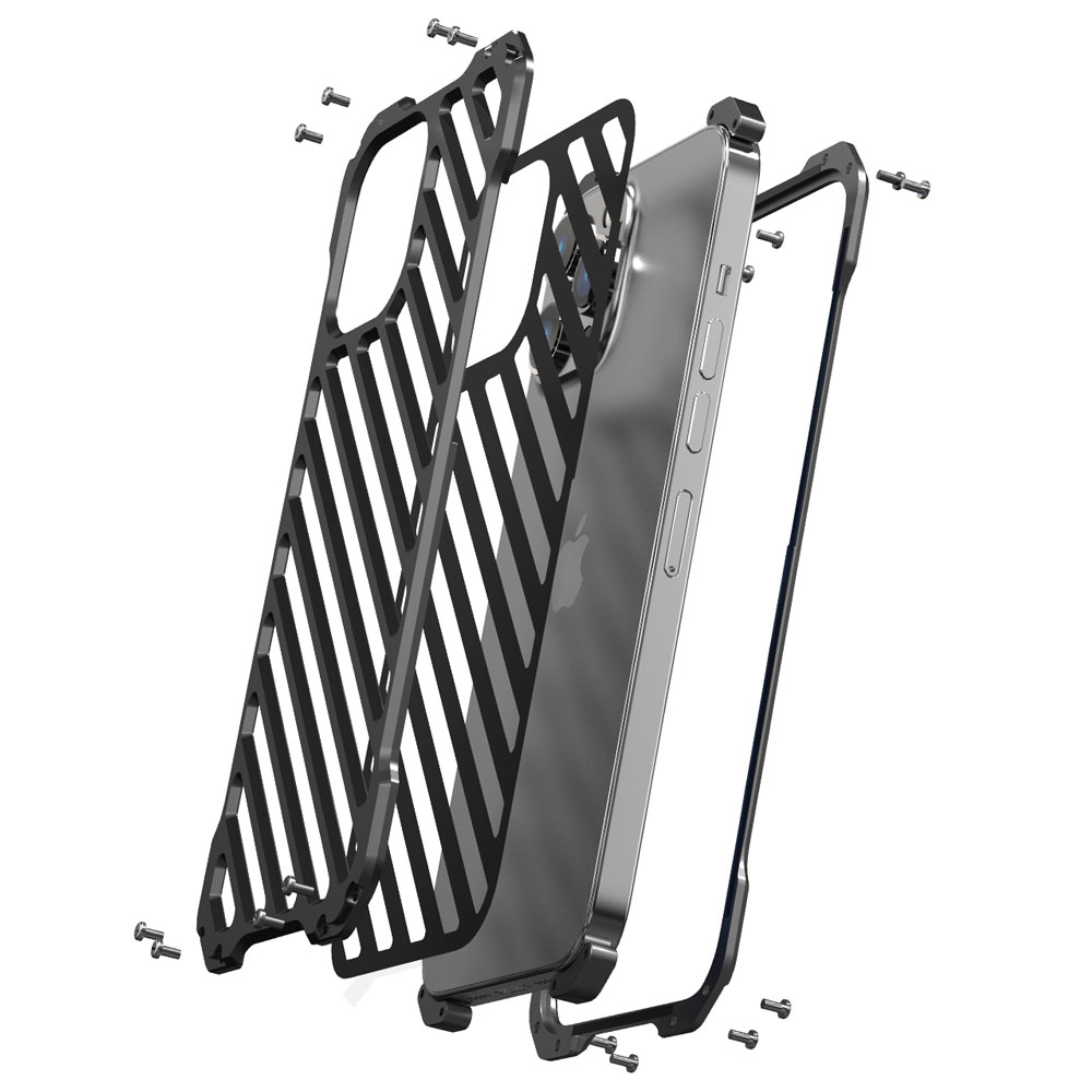 Etui do iPhone 14 Pro pancerne, metalowe, skręcane, srebrne