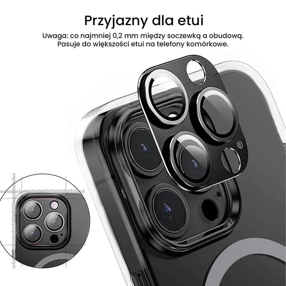 iPhone 14 Pro Max gładka metalowa osłona na cały aparat, wbudowane szkła 9H, głęboka czerń, czarna