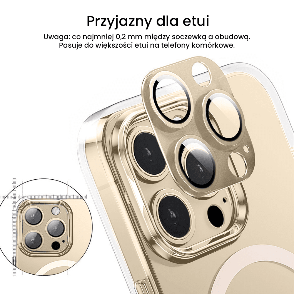 iPhone 14 Pro Max gładka metalowa osłona na cały aparat, wbudowane szkła 9H, złota