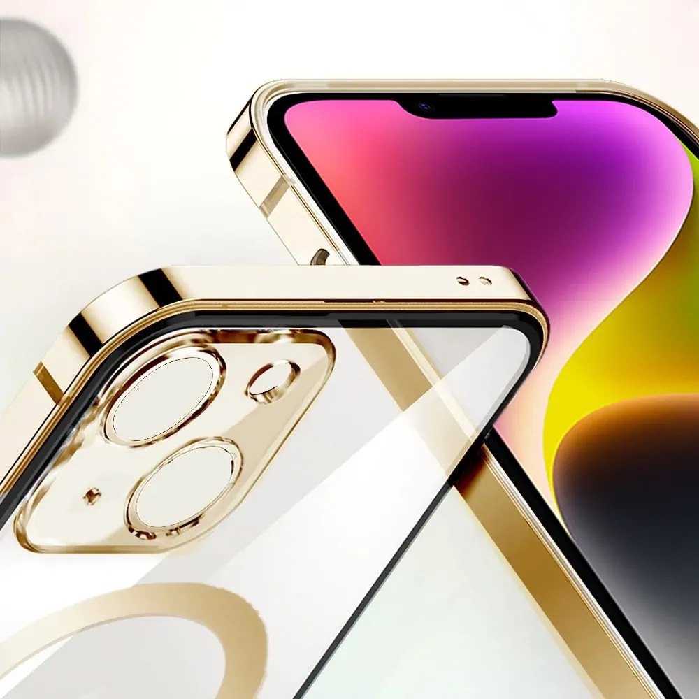Etui do iPhone 14 Ibizu Elite Skin, krystalicznie czyste z metalową ramką, złote z MagSafe (OUTLET)