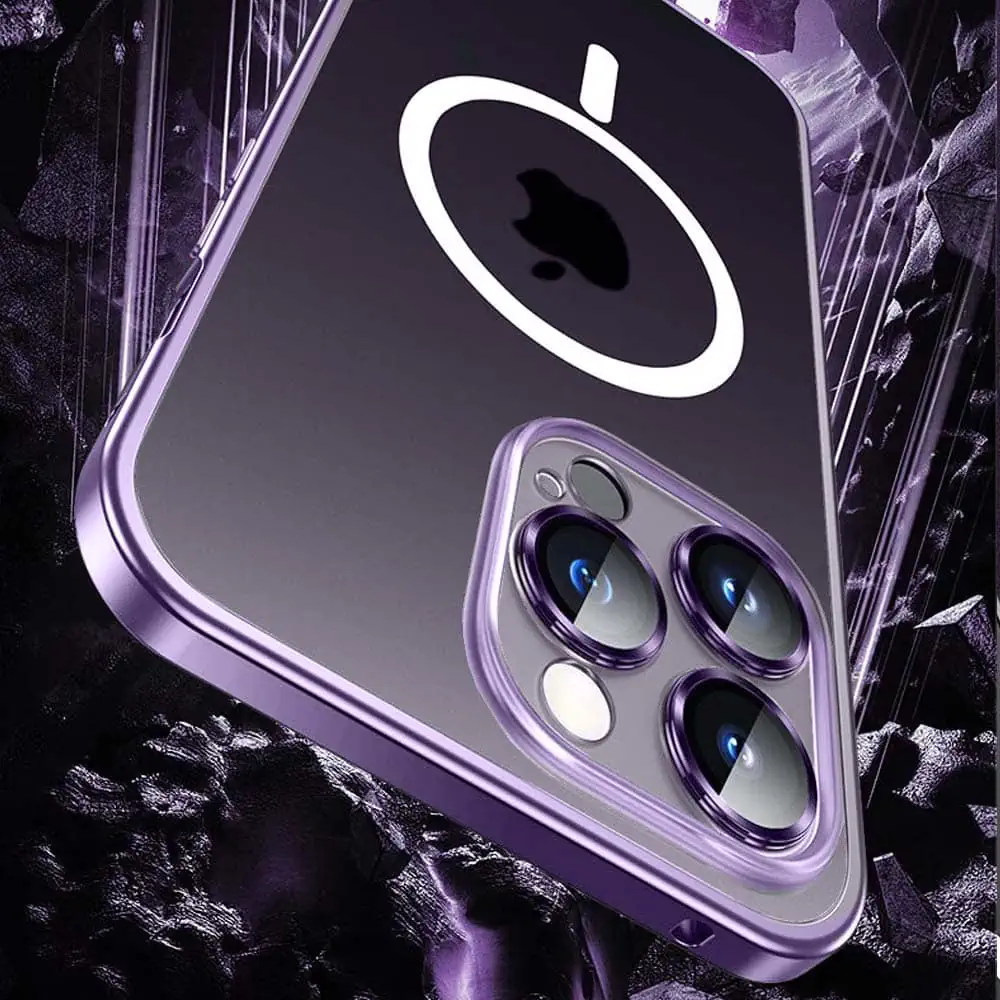 Etui do iPhone 14 Pro Magsafe Metalic Frame Oryginal, ochrona aparatu, purpurowa ramka