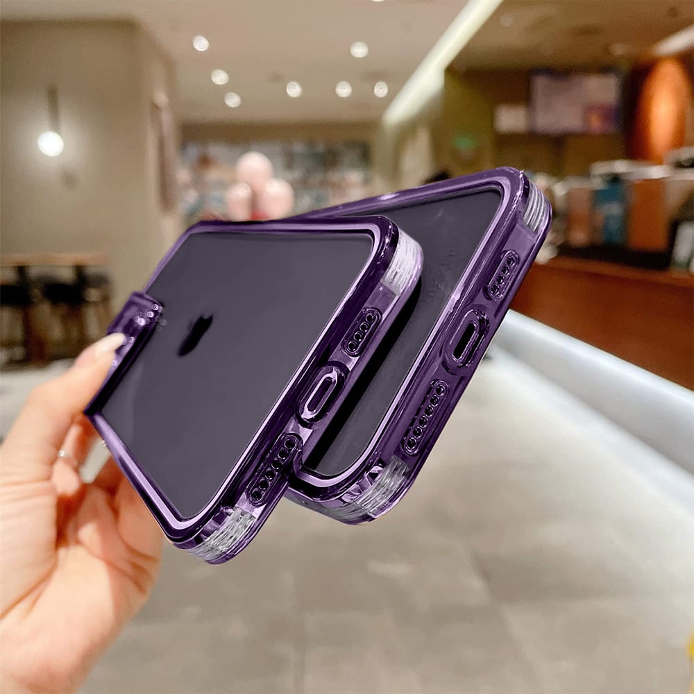 Etui do iPhone 14 Pro Max kryształowa struktura, osłona na aparat, przeźroczyste z purpurową ramką (OUTLET)