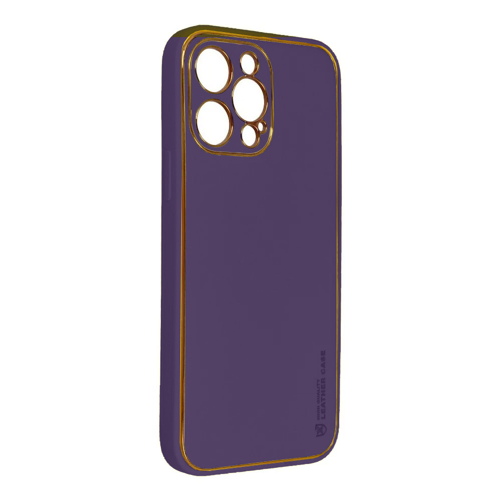 Etui do iPhone 14 Pro Max minimalistyczne skórzane z ochroną aparatu i złotym wykończeniem, głęboka purpura