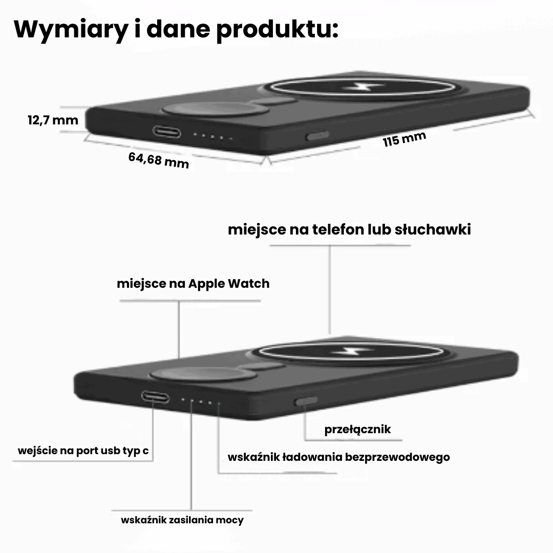 Power bank 5000mAh z ładowaniem bezprzewodowym Magsafe, 15W + ładowanie do Apple Watch, czarny