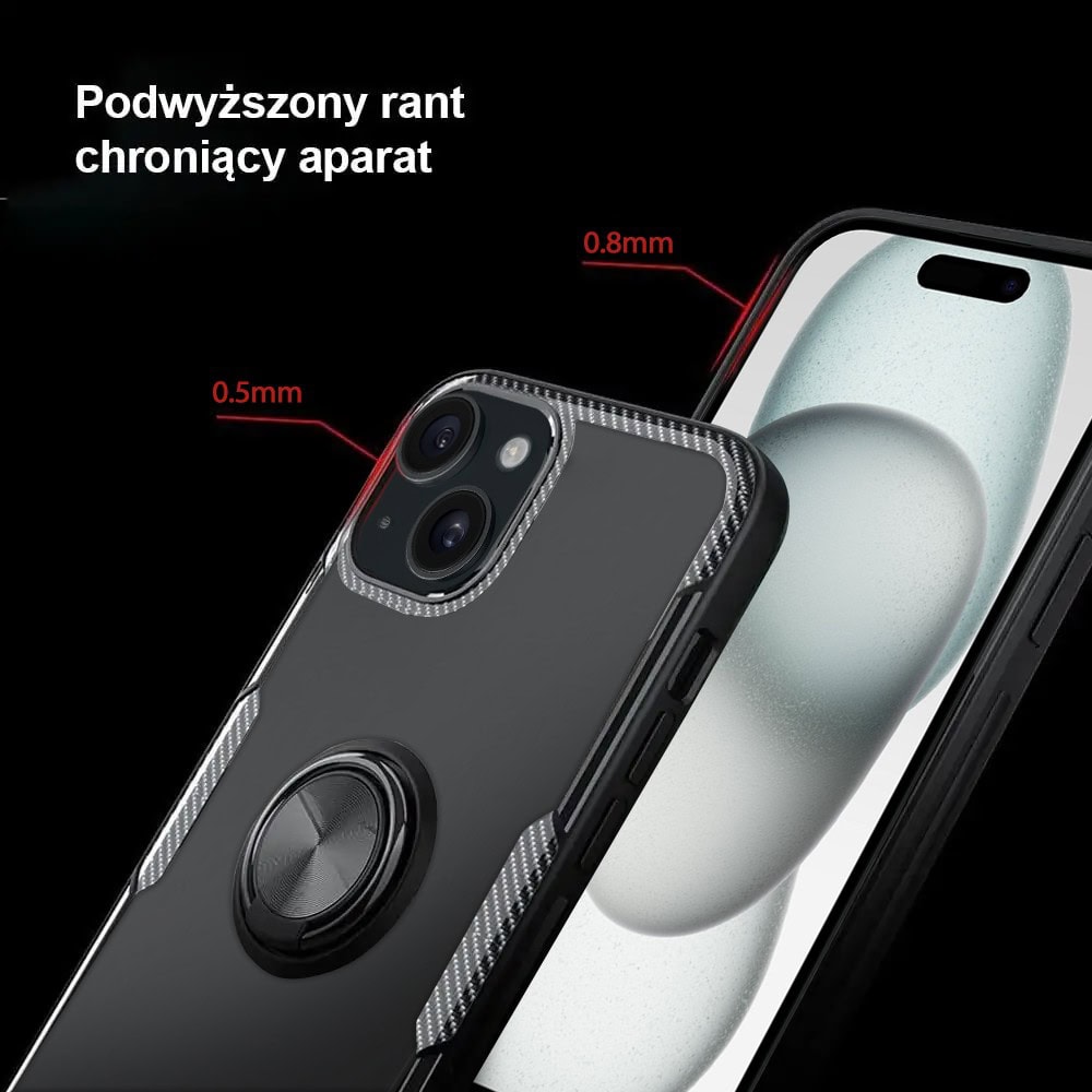 Etui do iPhone 15, Ring Armor pancerne hybrydowe etui pokrowiec + magnetyczny uchwyt, czarne