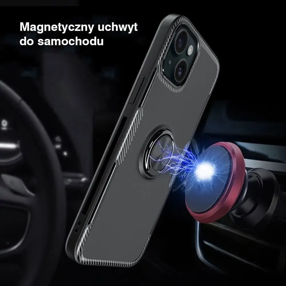 Etui do iPhone 15, Ring Armor pancerne hybrydowe etui pokrowiec + magnetyczny uchwyt, czarne