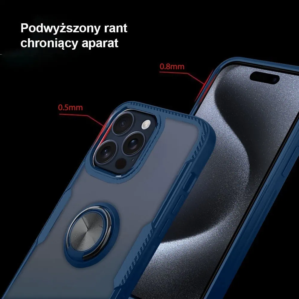 Etui do iPhone 15 Pro, Ring Armor pancerne hybrydowe etui pokrowiec + magnetyczny uchwyt, granatowe