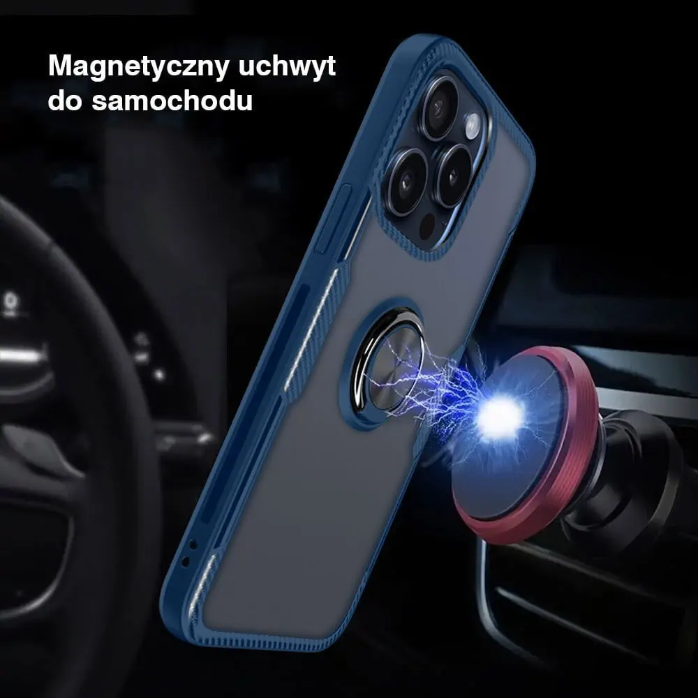 Etui do iPhone 15 Pro, Ring Armor pancerne hybrydowe etui pokrowiec + magnetyczny uchwyt, granatowe