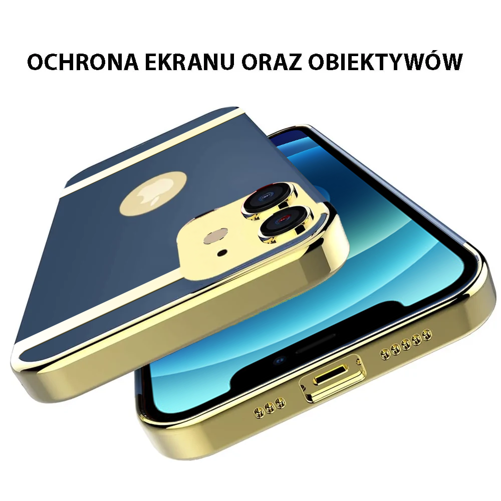 Etui do iPhone 12 eleganckie cienkie ze zdobieniami i widocznym logo, niebieskie