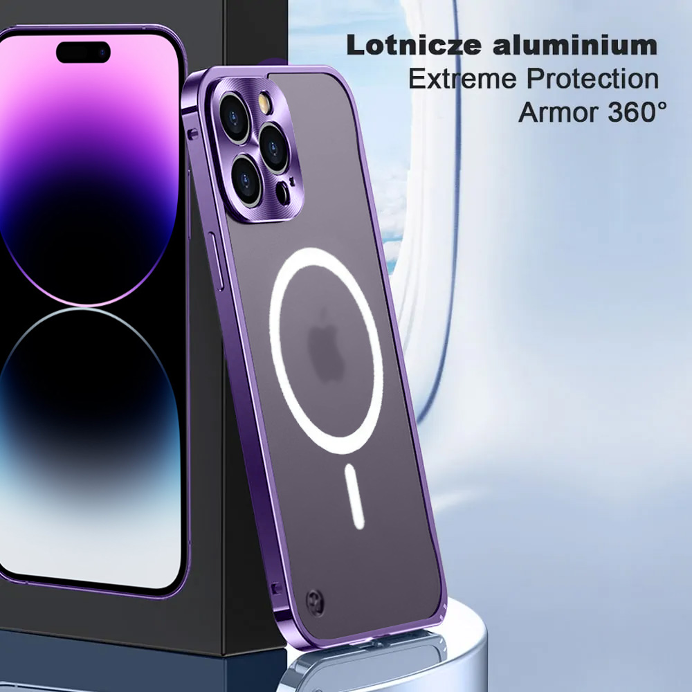 Etui do iPhone 14 Pro Magsafe Armor, metalowa ramka, twarde aluminium, purpurowe
