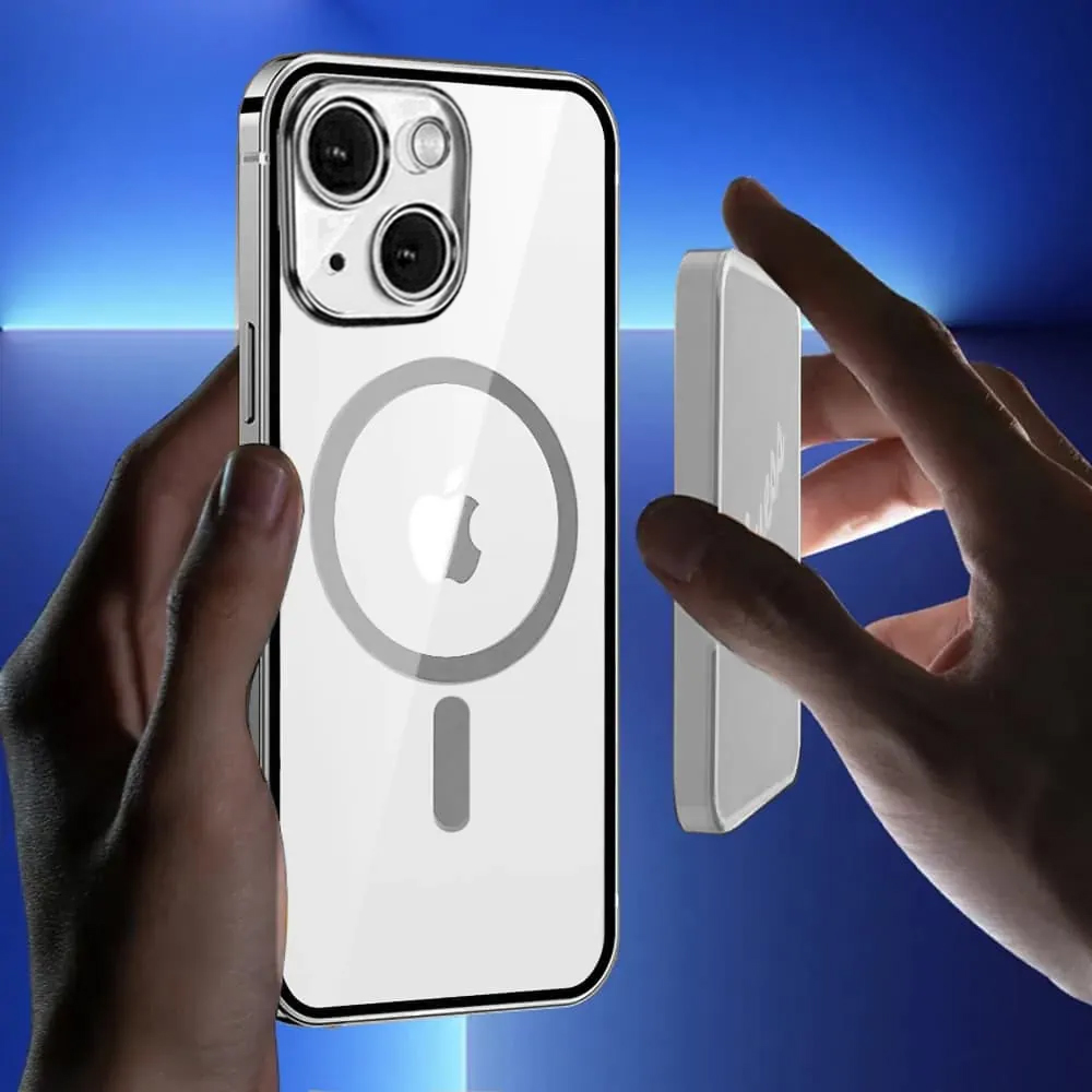 Etui do iPhone 14 Ibizu Elite Skin, krystalicznie czyste z metalową ramką, srebrne z MagSafe