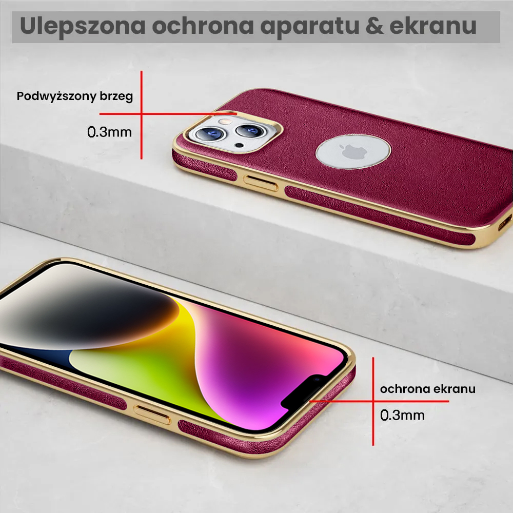 Etui do iPhone 14 Slim Leather Protect z widocznym logo, rdzawa purpura