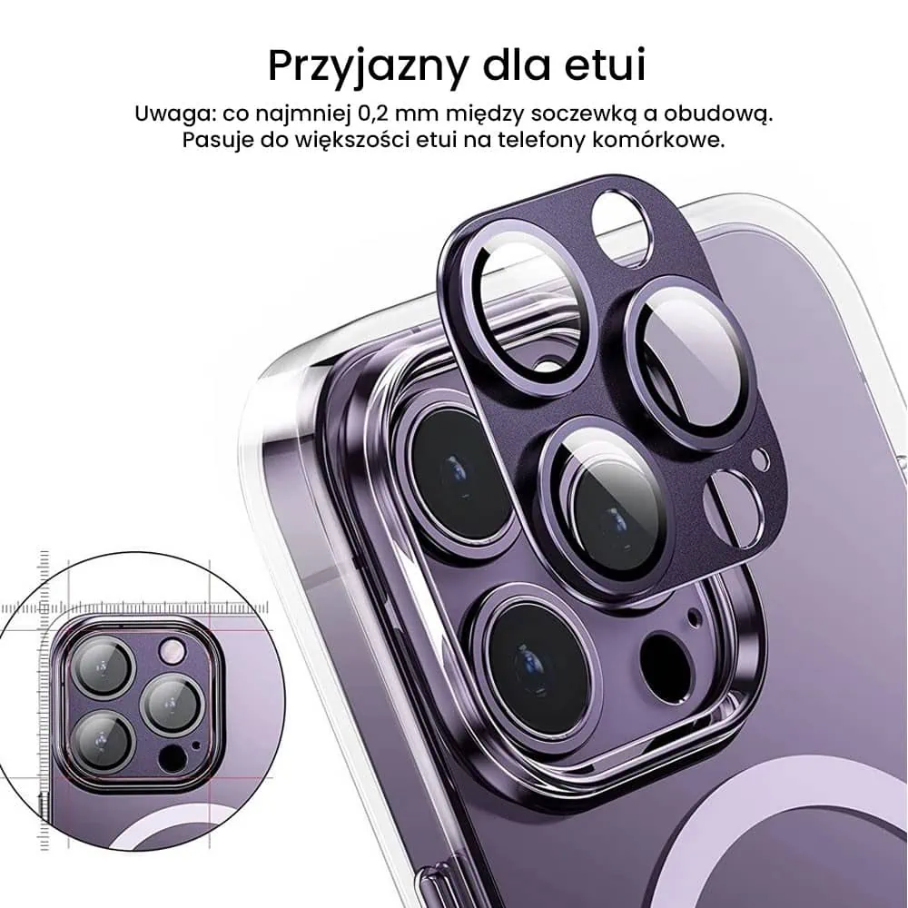 iPhone 14 Pro gładka metalowa osłona na cały aparat, wbudowane szkła 9H, purpurowa, fioletowa