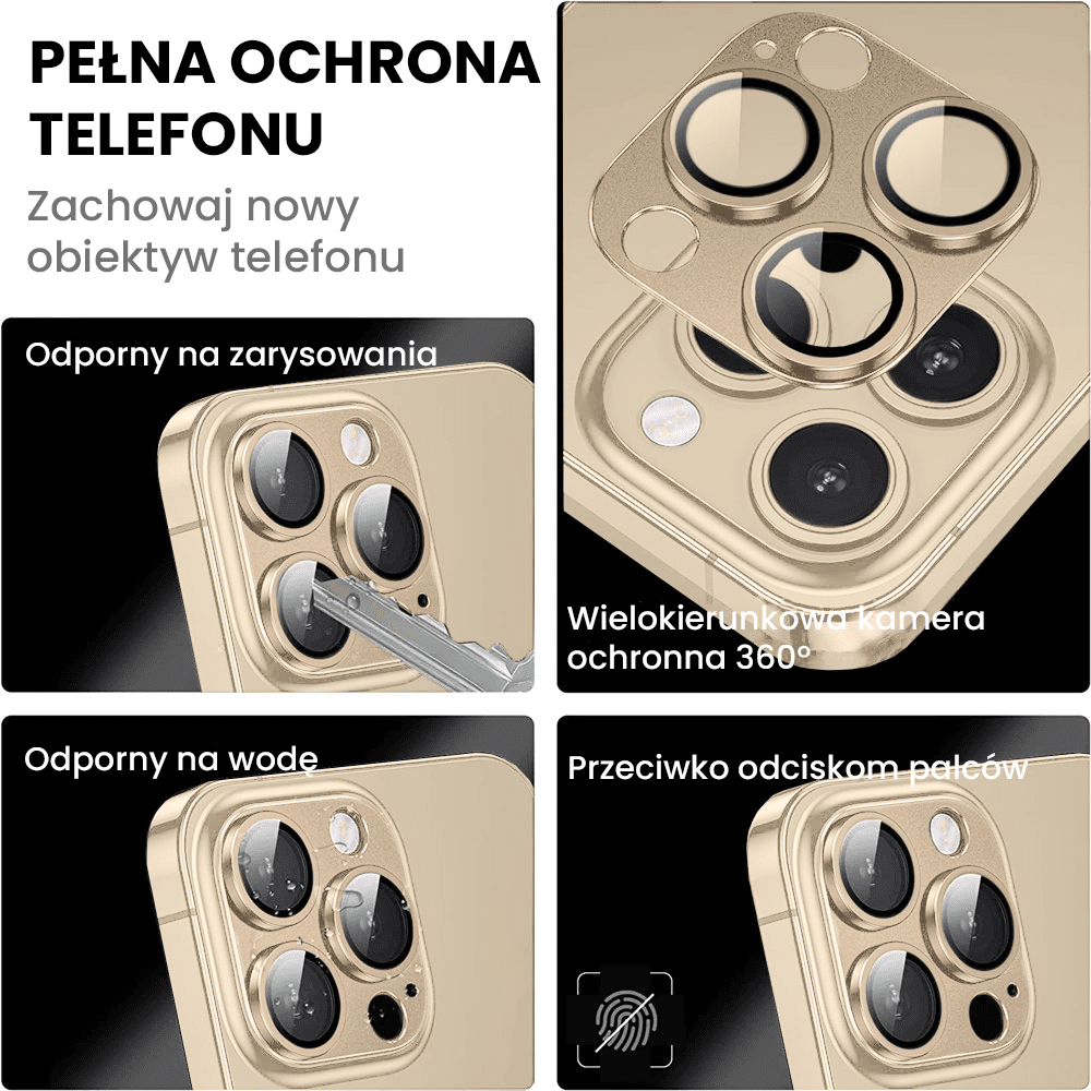 iPhone 14 Pro Max gładka metalowa osłona na cały aparat, wbudowane szkła 9H, złota