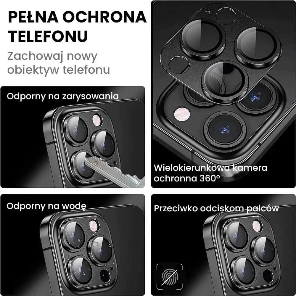 iPhone 14 Pro Max gładka metalowa osłona na cały aparat, wbudowane szkła 9H, głęboka czerń, czarna