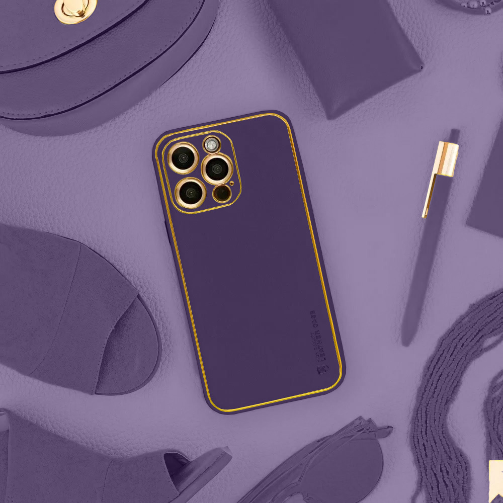 Etui do iPhone 14 Pro Max minimalistyczne skórzane z ochroną aparatu i złotym wykończeniem, głęboka purpura