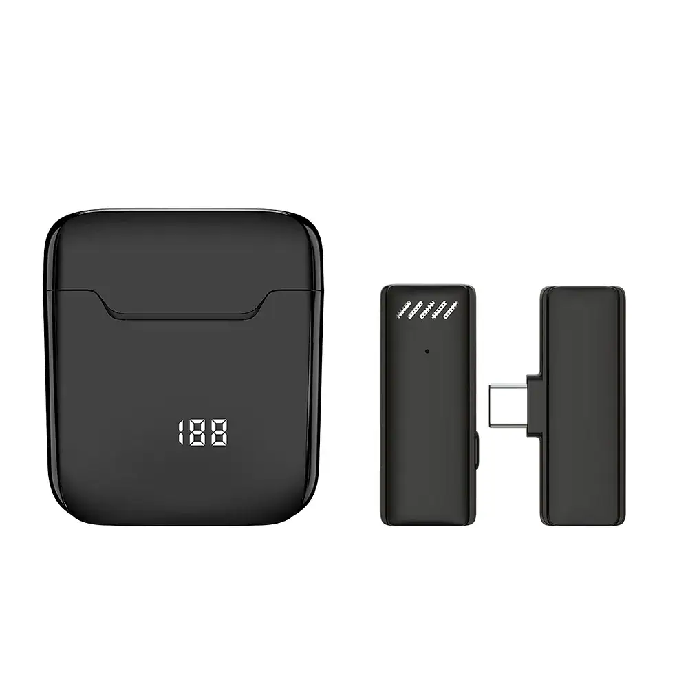 Mikrofon bezprzewodowy do iPhone 15/16 z wejściem USB typ C i pudełkiem ładującym, czarny