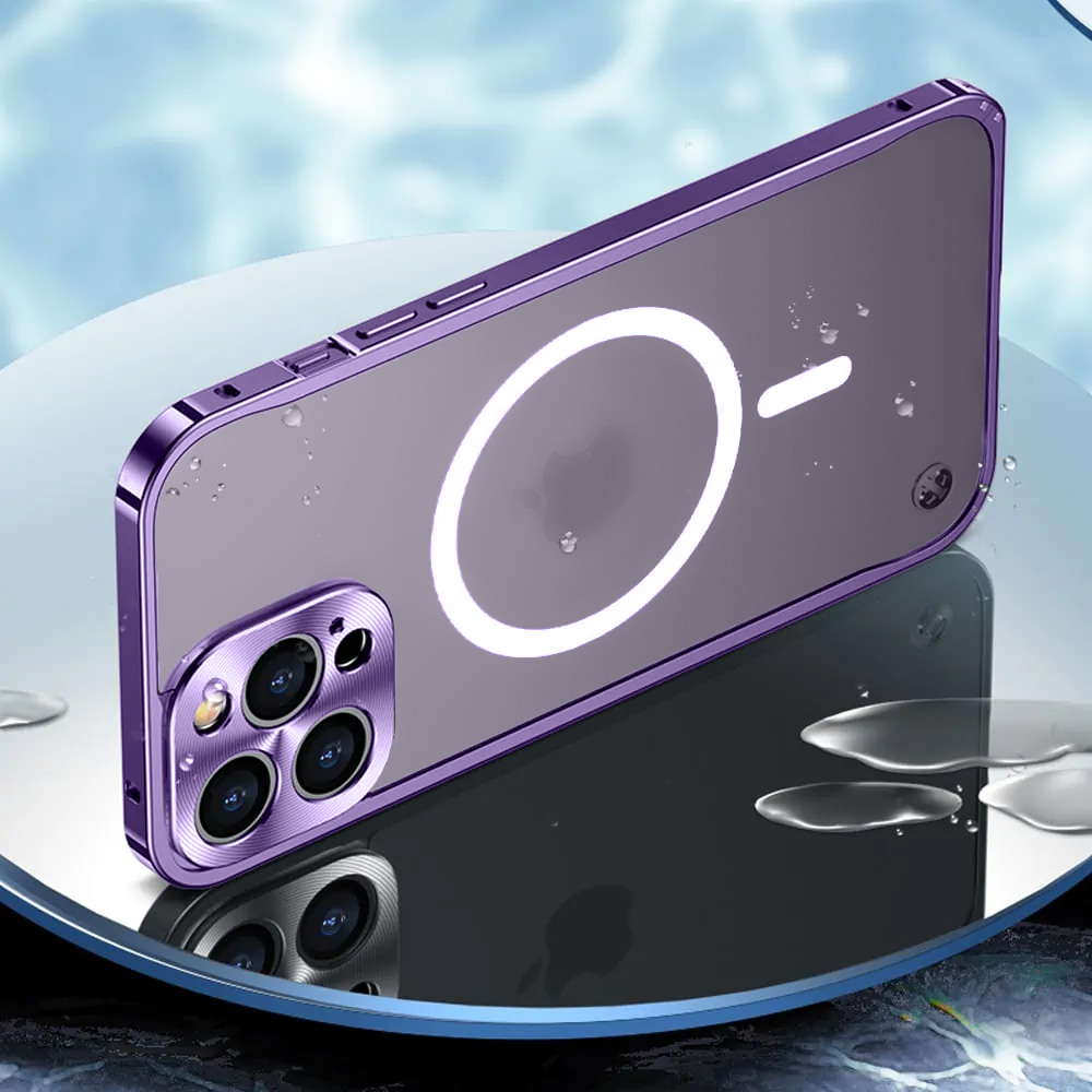 Etui do iPhone 14 Pro Magsafe Armor, metalowa ramka, twarde aluminium, purpurowe