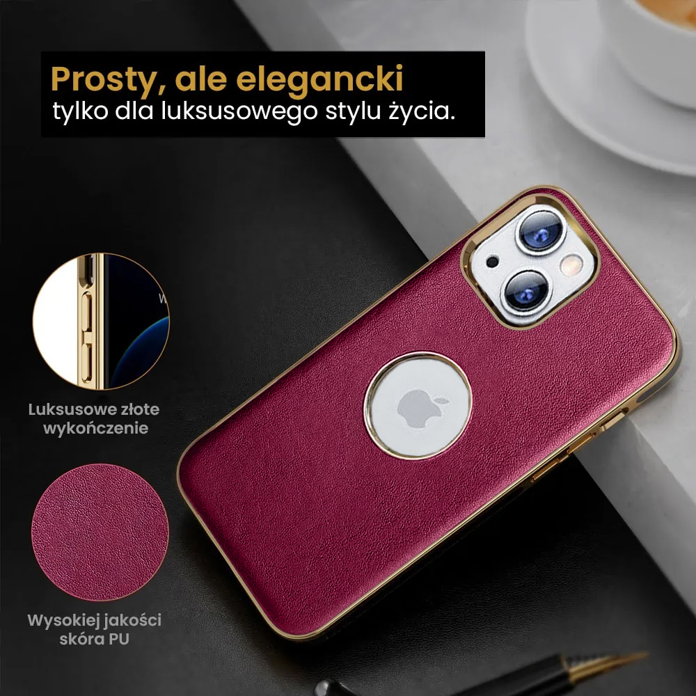 Etui do iPhone 14 Slim Leather Protect z widocznym logo, rdzawa purpura