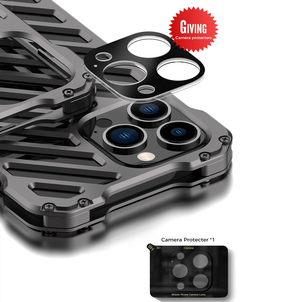 Etui do iPhone 14 Pro pancerne, metalowe, skręcane, srebrne