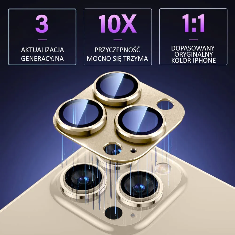 iPhone 14 Pro Max gładka metalowa osłona na cały aparat, wbudowane szkła 9H, złota