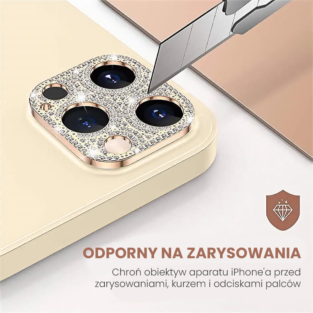 iPhone 14 Pro luksusowa diamentowa metalowa osłona na cały aparat, złota