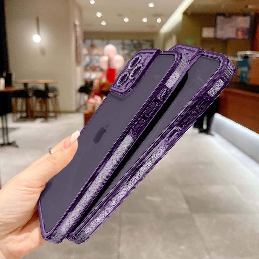 Etui do iPhone 14 Pro Max kryształowa struktura, osłona na aparat, przeźroczyste z purpurową ramką (OUTLET)