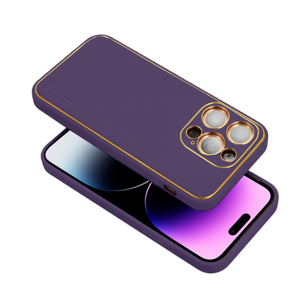 Etui do iPhone 14 Pro Max minimalistyczne skórzane z ochroną aparatu i złotym wykończeniem, głęboka purpura