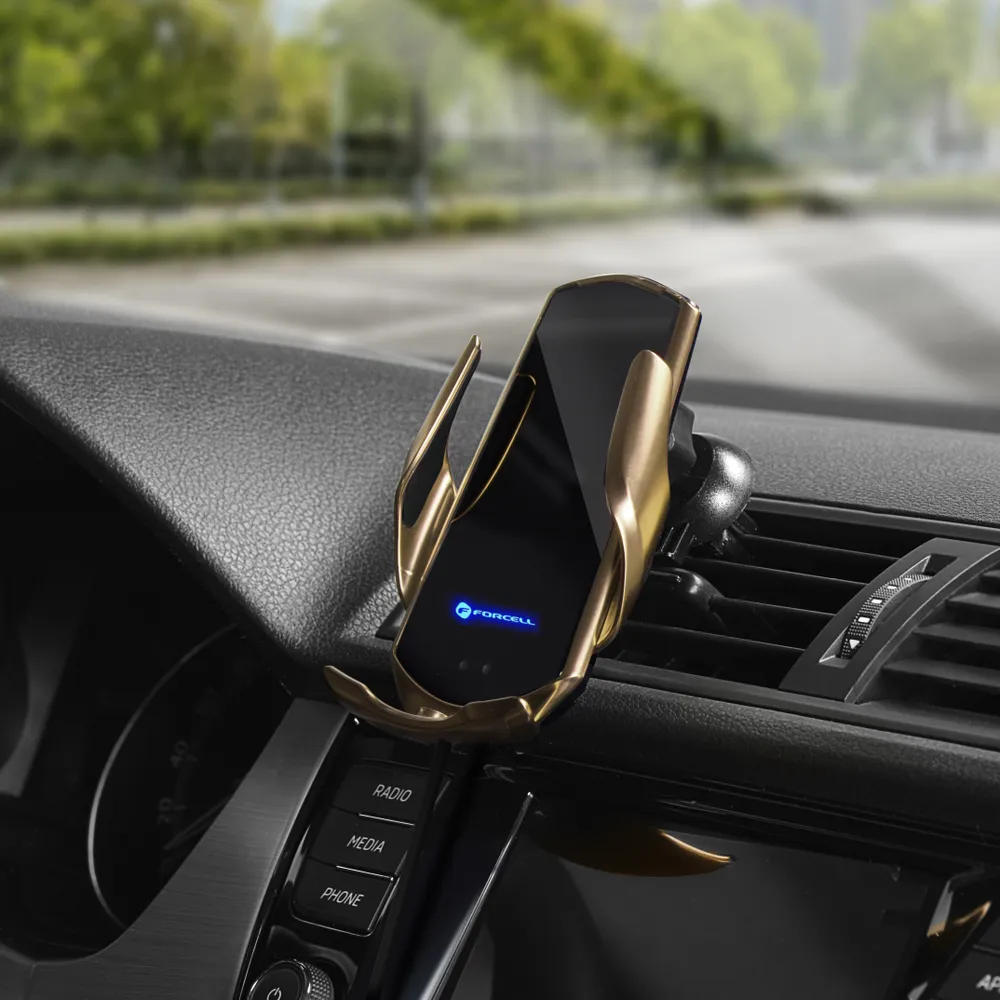 Uchwyt samochodowy z ładowaniem bezprzewodowym, automatyczne ramiona, do kratki wlotu, przedniej szyby, złoty