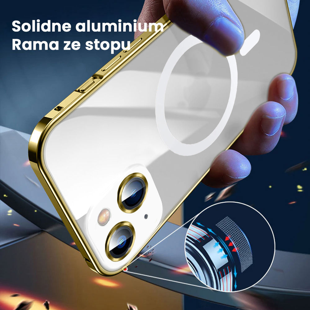 Etui do iPhone 14 MagSafe Metalic Gold Frame Oryginal matowe, ochrona aparatu, złota ramka