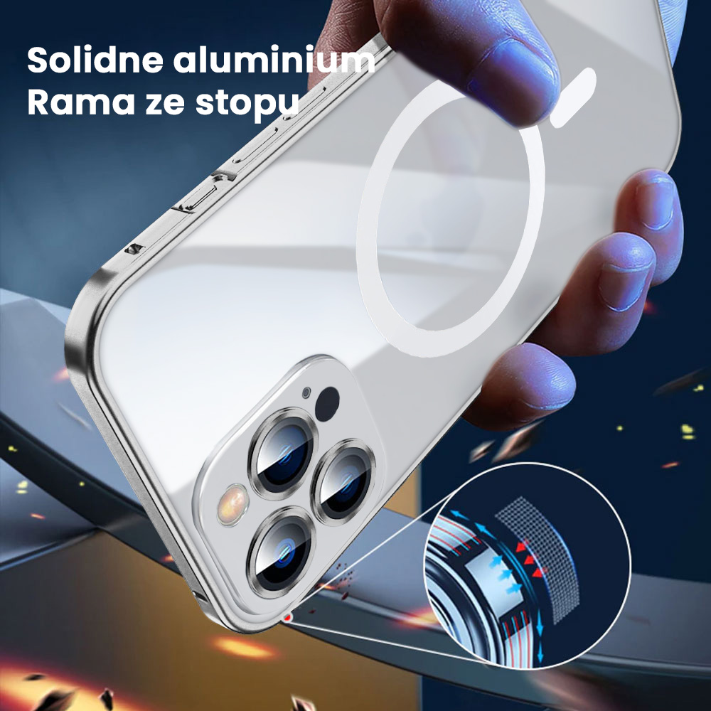 Etui do iPhone 14 Pro Max Magsafe Metalic Silver Frame Oryginal matowe, ochrona aparatu, srebrna ramka