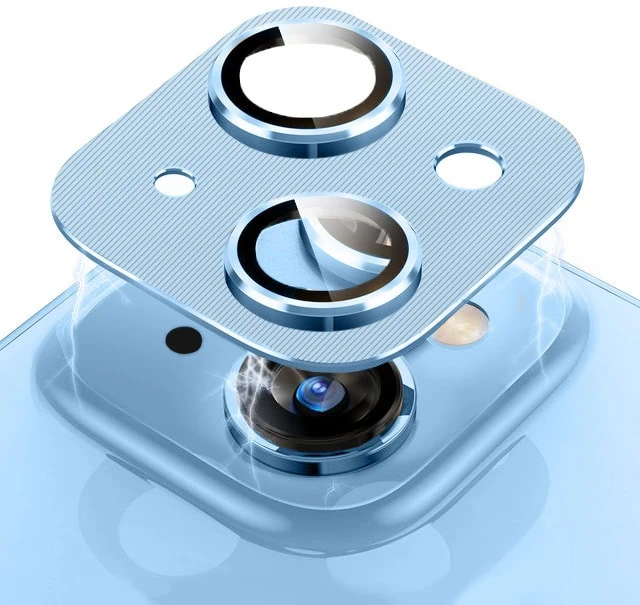 iPhone 14 Plus metalowa osłona na cały aparat, wbudowane szkła 9H, niebieska