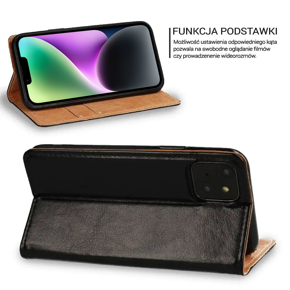 Etui do iPhone 14 zamykane, eleganckie skórzane, czarne