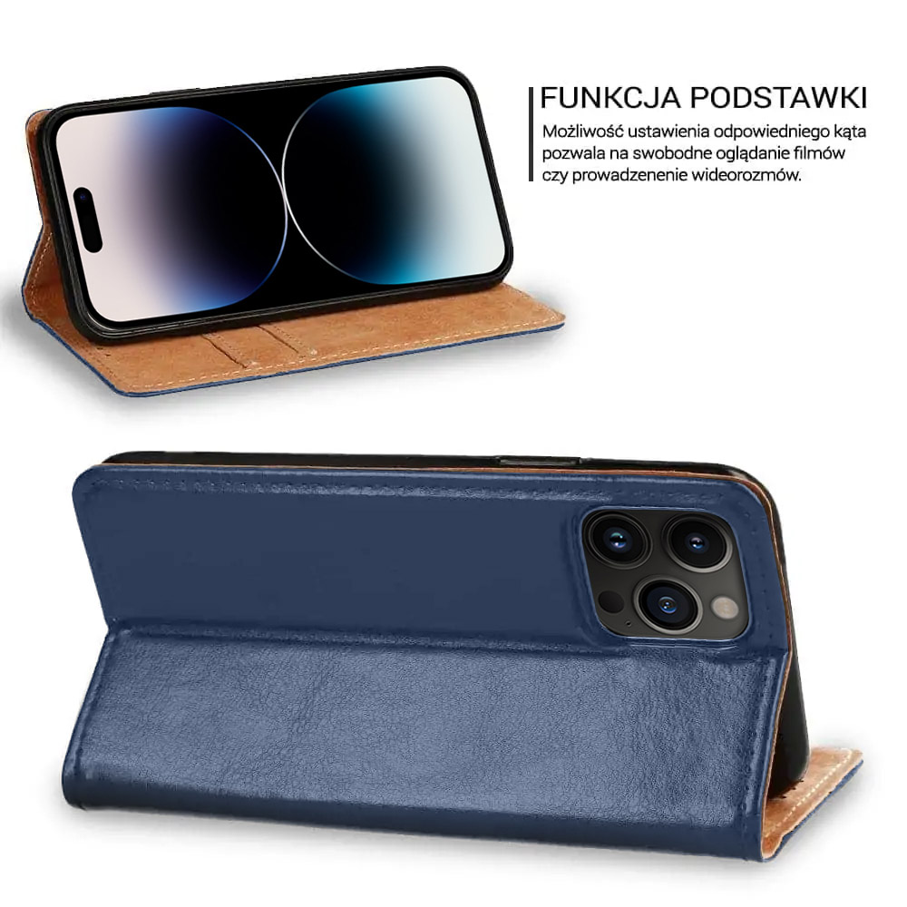 Etui do iPhone 14 Pro Max zamykane, eleganckie granatowe skórzane