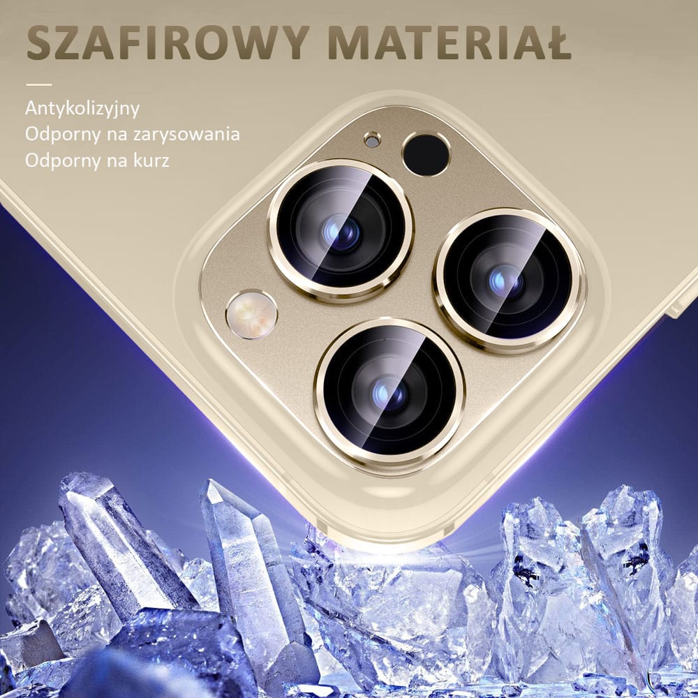 iPhone 14 Pro Max gładka metalowa osłona na cały aparat, wbudowane szkła 9H, złota