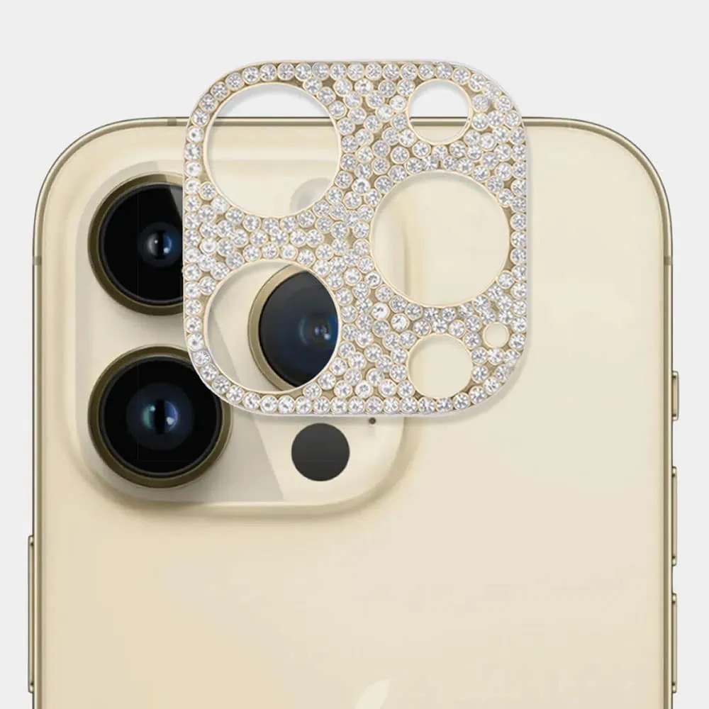 iPhone 14 Pro luksusowa diamentowa metalowa osłona na cały aparat, złota